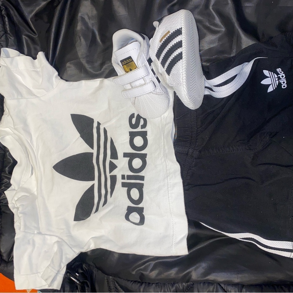 Baby adidas short set size 3-6 months with size 1 shoes